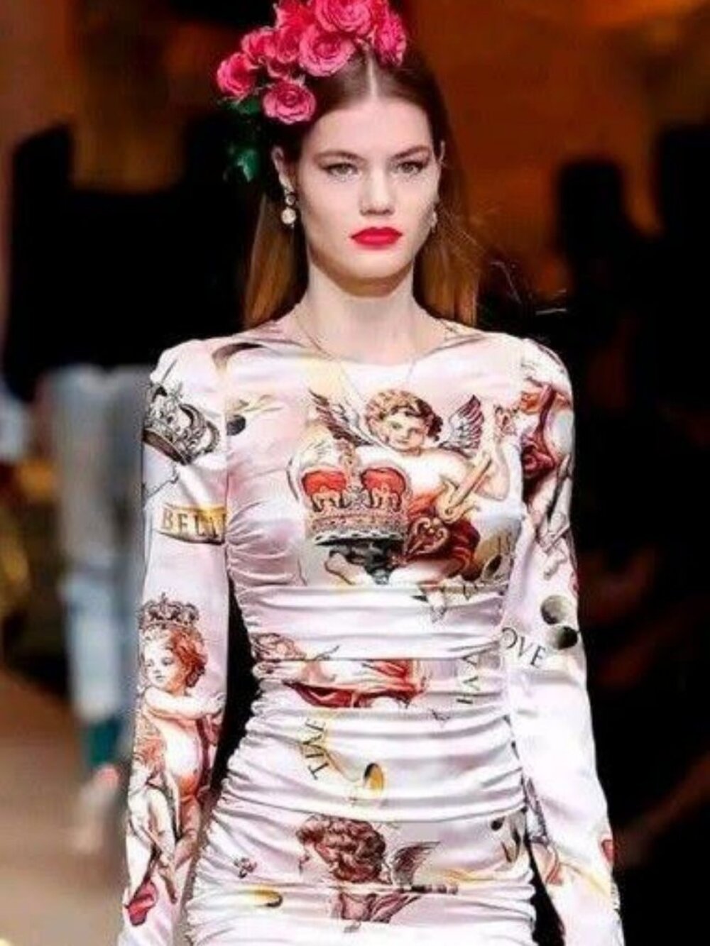 Dolce & Gabbana pink silk-satin ruched midi dress with baroque cherub print NWT